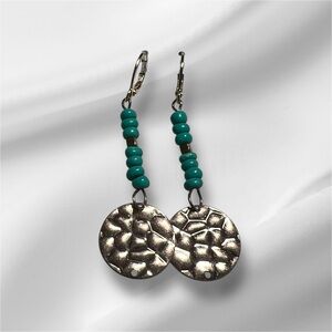 BOUTIQUE Elegant Gold and Turquoise Dangle Earrings, Hammered, Beaded Dangles